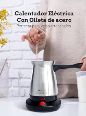 El Calentador Eléctrico para Velas de Arte y Cera combina practicidad y eficiencia en una sola herramienta. Está compuesto por una olleta de acero inoxidable con capacidad de 900 ml y un calentador eléctrico integrado en su base, ideal para derretir cera de forma rápida y segura sin necesidad de estufas adicionales.