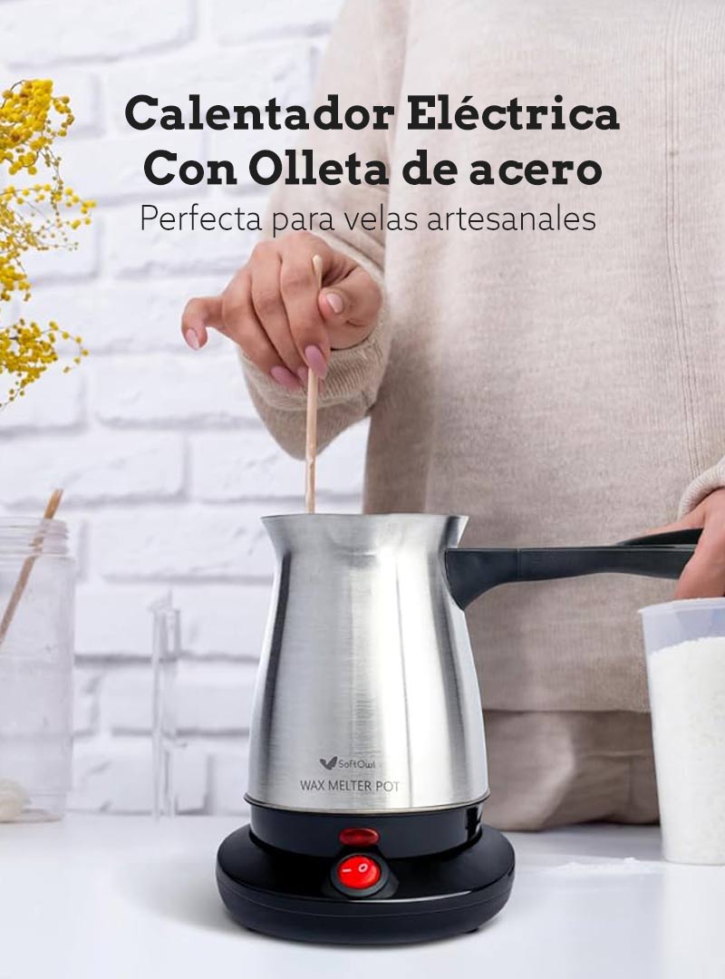 El Calentador Eléctrico para Velas de Arte y Cera combina practicidad y eficiencia en una sola herramienta. Está compuesto por una olleta de acero inoxidable con capacidad de 900 ml y un calentador eléctrico integrado en su base, ideal para derretir cera de forma rápida y segura sin necesidad de estufas adicionales.